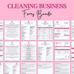 Puede incluir: Un conjunto de formularios para empresas de limpieza en rosa y blanco. Incluye facturas, propuestas de servicio y listas de verificación. El texto "CLEANING BUSINESS Forms Bundle" está en la parte superior.
