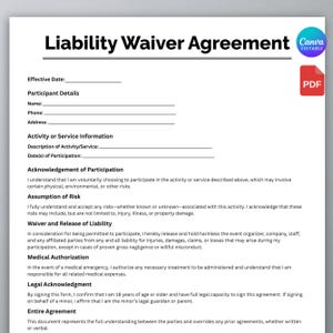 Simple Liability Waiver Agreement,Editable Liability Release,Release of Liability,Printable & Editable Waiver of Liability Contract Template