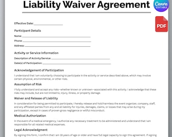 Simple Liability Waiver Agreement,Editable Liability Release,Release of Liability,Printable & Editable Waiver of Liability Contract Template