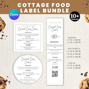 Puede incluir: Un paquete de etiquetas para alimentos artesanales con plantillas cuadradas, rectangulares y circulares para galletas con chispas de chocolate. Incluye espacios para nombres comerciales, ingredientes, peso neto de 473g y un código QR.