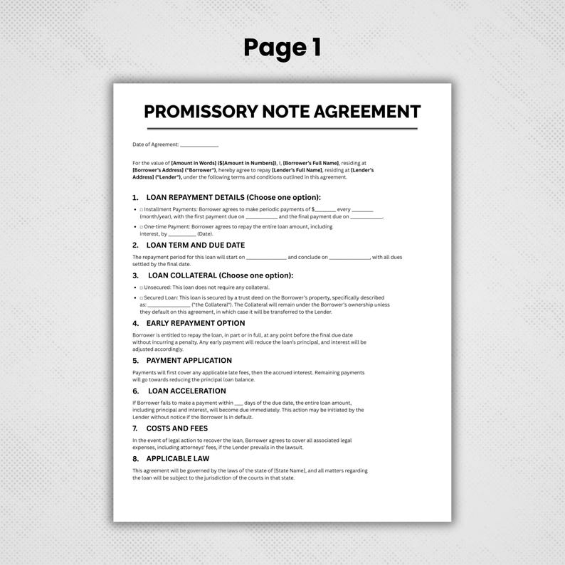 Promissory Note Template, Editable Promissory Note Form, Professional ...
