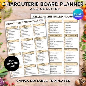 May include: Charcuterie board planner template with checklists for meats, vegetables, cheeses, and more. Includes options for A4 and US Letter sizes. The design is editable using Canva, with a two different size option.