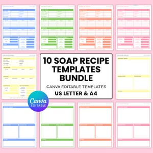 以下が含まれることがあります： 青、緑、オレンジ、ピンクなど、さまざまな色の石鹸レシピテンプレート10個のバンドル。テンプレートはCanva用に設計されており、USレターとA4サイズで利用できます。中央のテキストは「10 SOAP RECIPE TEMPLATES BUNDLE」と書かれています。