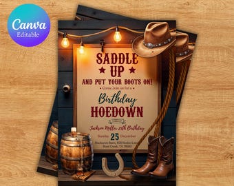 Western Hoedown Birthday Party Invitation, Saddle Up And Put Your Boots On, Printable Cowboy Birthday Invite, Editable Canva Template