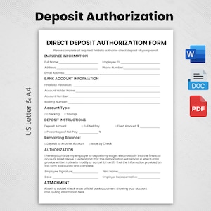 Printable Direct Deposit Authorization Form, Employee Direct Deposit, HR Template, Word, Docs & PDF Instant Download