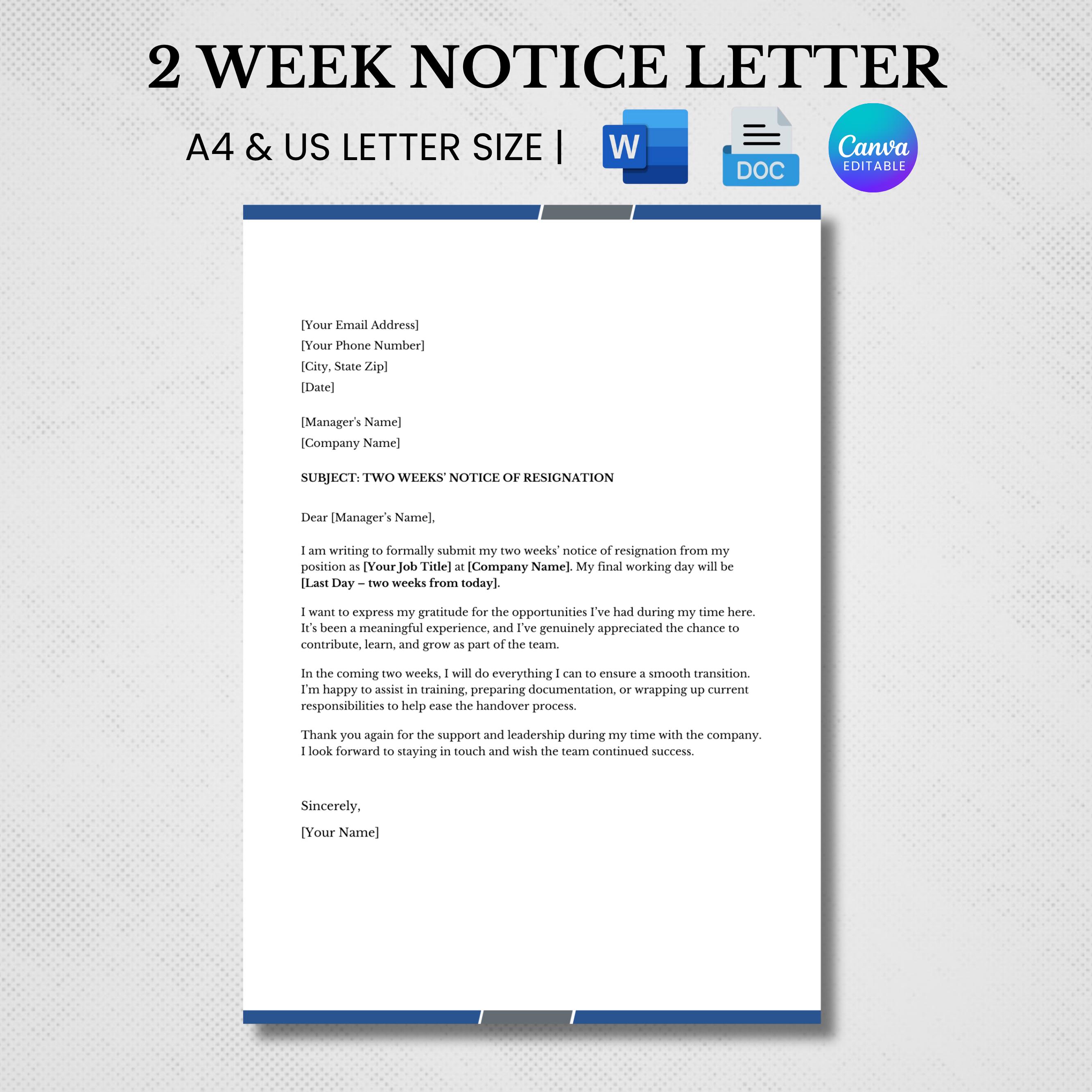 2 Weeks Notice Letter, Two Weeks Notice Letter, Professional Notice Letter, Google Docs Word Canva  Notice Letter, Resignation Template