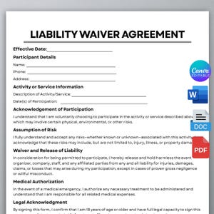 May include: A white Liability Waiver Agreement document featuring black text with sections for participant details, activity information, risk assumption, liability release, medical authorization, and legal acknowledgment, with Canva, Word, Doc, and PDF icons.