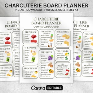 May include: Charcuterie board planner printable with sections for meats, cheeses, and garnishes. Includes a list of items like prosciutto, brie, grapes, and nuts. The text "Canva EDITABLE" is at the bottom.