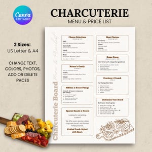 Modelo de quadro de preços para charcutaria, cartão de cardápio para charcutaria, lista de preços e cardápios, cardápio para mesa de pastagem, lista de cardápios para charcutaria