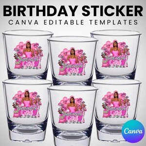 May include: Six clear shot glasses with a pink and black design. Each glass features a woman in a pink dress, balloons, money, and the words "BIRTHDAY Girl". The text "BIRTHDAY STICKER" and "CANVA EDITABLE TEMPLATES" are at the top.