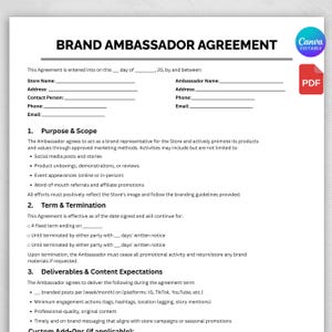 Peut inclure: Un modèle d'accord d'ambassadeur de marque en noir et blanc, avec des sections pour les informations sur la boutique et l'ambassadeur. Il décrit le but, la durée et les attentes en matière de contenu. Logos Canva et PDF inclus.