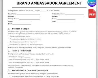 Brand Ambassador Contract, Printable Social Media Agreement Form, Ambassador Agreement, Printable Collaboration Contract Influencer Contract
