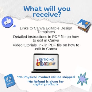 May include: An image with the text "What will you receive?" and a laptop displaying "ENTICING choice." The image also includes a thumbs-up icon, a passport icon, and a starburst graphic. Text details Canva templates, instructions, and video tutorials.