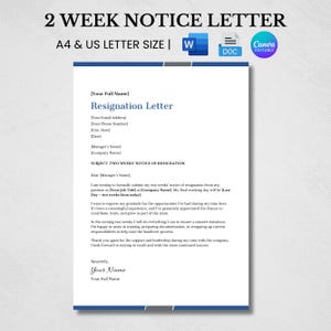 Carta de preaviso de 2 semanas, Carta de preaviso de dos semanas, Carta de preaviso profesional, Carta de preaviso de Google Docs Word Canva, Plantilla de renuncia
