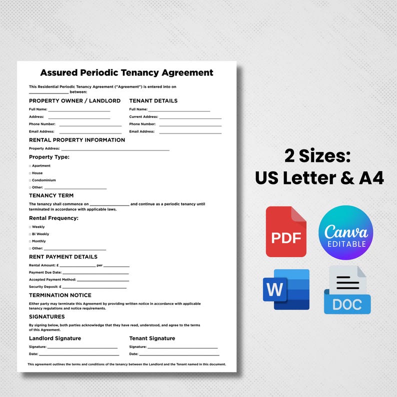 May include: A white document titled Assured Periodic Tenancy Agreement with fields for landlord and tenant details, property information, tenancy term, rental frequency, payment details, and signatures, alongside icons for PDF, Canva, and Word formats.