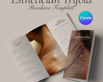 Op de afbeelding: Een drievoudige brochure sjabloon voor schoonheidsspecialisten, met de tekst "Esthetician Trifold Brochure Template". De brochure bevat secties voor diensten, prijslijsten en een "SkinAura" logo. Het ontwerp is licht met de focus op huidverzorgingsbehandelingen.