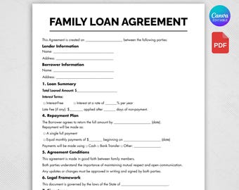 Modello Canva modificabile per contratto di prestito familiare e PDF stampabile, download immediato.