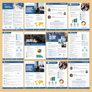 Könnte beinhalten: Eine Sammlung von Informationsbroschüren in Blau und Weiß. Die Broschüren enthalten Text, Diagramme und Bilder zum Thema Gemeindeinvestitionen und deren Auswirkungen. Der Text enthält Sätze wie "Zusammenarbeit multipliziert die Wirkung" und "Eine stärkere Gemeinschaft ist die Rendite Ihrer Investition."