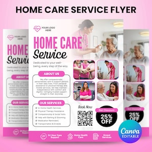 Home Care Services Flyer, Senior & Elder Caregiving Flyer, bearbeitbare Vorlage für Gesundheitsfürsorge, vorgefertigte Pflegedienst-Canva-Vorlage