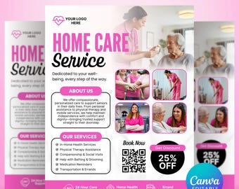 Home Care Services Flyer, Senior & Elder Caregiving Flyer, Editable Healthcare Assistance Template, Premade Care Service Canva Template