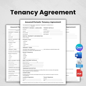 May include: A printable Assured Periodic Tenancy Agreement document featuring sections for property owner, tenant details, rental property information, tenancy term, rental frequency, rent payment details, termination notice, and signature lines.