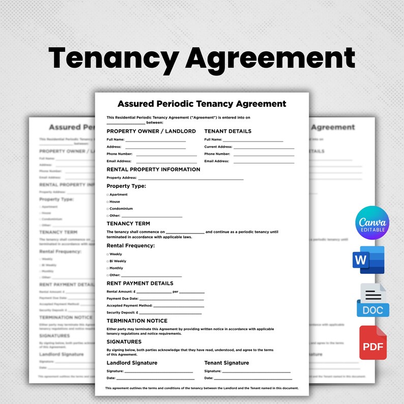 May include: A printable Assured Periodic Tenancy Agreement document featuring sections for property owner, tenant details, rental property information, tenancy term, rental frequency, rent payment details, termination notice, and signature lines.