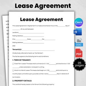 Printable Lease Agreement,Editable Rental Agreement Template,Rental Lease Agreement Template, Residential Housing Agreement, Lease Contract