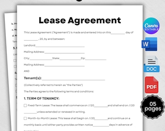 Printable Lease Agreement,Editable Rental Agreement Template,Rental Lease Agreement Template, Residential Housing Agreement, Lease Contract