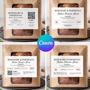 May include: Four brown paper bags of Rosemary & Parmesan Italian Focaccia Bread, each with a clear window showing the bread. Each bag has a white label with the bread's name, ingredients, and net weight of 24 oz.