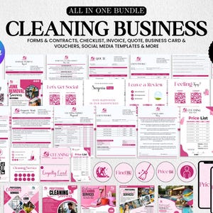 Könnte beinhalten: Eine Sammlung von rosa und weißen Vorlagen für Reinigungsunternehmen, darunter Formulare, Verträge, Rechnungen und Social-Media-Vorlagen. Das Bild zeigt den Text "CLEANING BUSINESS" und "ALL IN ONE BUNDLE". Enthält über 100 Vorlagen.