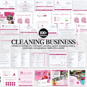 Könnte beinhalten: Eine Sammlung von über 100 Vorlagen für Reinigungsunternehmen, darunter Formulare, Verträge, Checklisten, Rechnungen, Angebote, Visitenkarten, Gutscheine und Social-Media-Grafiken. Die Dokumente haben ein weiß-rosa Farbschema mit schwarzem Text.