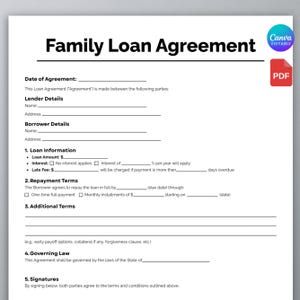 One Page Family Loan Agreement, Family Loan Agreement, Family Contract, Loan Agreement, Agreement Contract, Family Loan Form, Canva Template