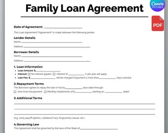 Family Loan Agreement Form, One Page Family Loan Agreement, Family Contract, Loan Agreement, Agreement Contract Printable PDF Canva Template
