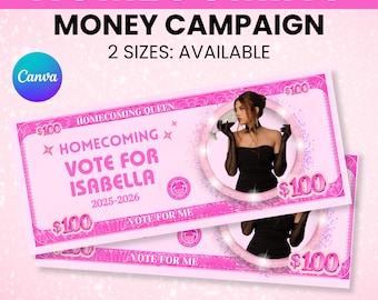 Homecoming Campaign Money, Prom Queen, Editable Fake Money, Homecoming 100 bill, Pink Money Vote For Me, Election, Campaign, Print and Cut