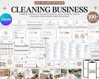 May include: An all-in-one bundle for cleaning businesses, featuring over 100 templates. Includes forms, contracts, checklists, invoices, quotes, business cards, vouchers, and social media templates. The image has a Canva logo and various document layouts.