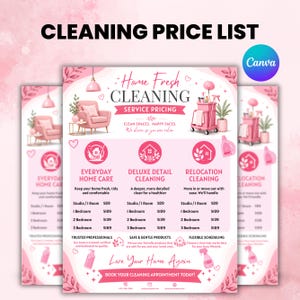 Peut inclure: Un dépliant de liste de prix de service de nettoyage rose et blanc intitulé Home Fresh Cleaning. Il présente des sections pour l'entretien quotidien, le nettoyage détaillé et le déménagement avec des tarifs, ainsi que des illustrations d'un fauteuil rose.