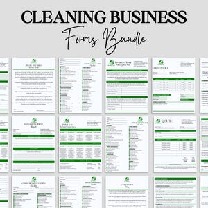 May include: A bundle of cleaning business forms, including checklists, invoices, and agreements. The forms are white with green accents and logos, and the title "CLEANING BUSINESS Forms Bundle" is at the top in black script.