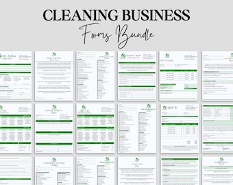 Puede incluir: Un paquete de formularios para empresas de limpieza, que incluye listas de verificación, facturas y acuerdos. Los formularios son blancos con detalles y logotipos verdes, y el título "CLEANING BUSINESS Forms Bundle" está en la parte superior en escritura negra.
