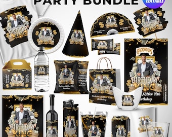 Dollar Style Birthday Decoration Bundle, Birthday Party Favor Templates, Birthday Chip Bag, Backdrop, Birthday Flyer, Canva Template