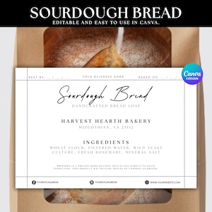 Puede incluir: Una bolsa de papel marrón con una hogaza de pan de masa madre que se asoma por una ventana. Una etiqueta blanca muestra "Sourdough Bread" y "Harvest Hearth Bakery" con los ingredientes. El texto "Editable and Easy to Use in Canva" está en la parte superior.