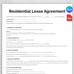 May include: A residential lease agreement template with fillable fields. The document includes sections for property location, lease duration, rent payments, security deposit, and utilities. The document is labeled "Residential Lease Agreement" and is editable.