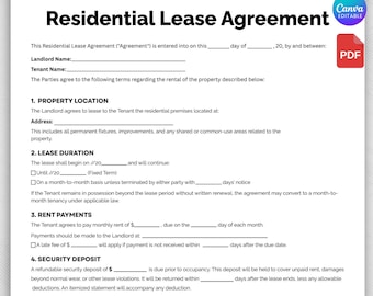 Printable Residential Lease Agreement, Editable Rental Agreement Form, Lease Contract Template, Landlord Property Agreement, Canva Template