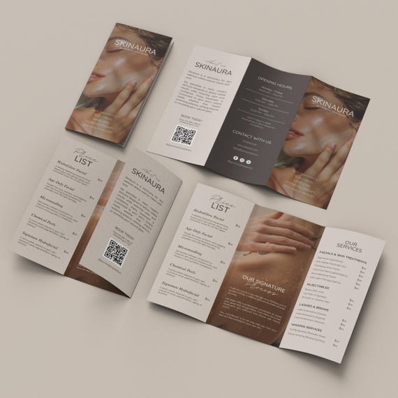 Esthetician Trifold Brochure Template, Beauty Salon Price list, Minimalistic, Esthetician Flyer, Medspa Skincare Beauty Brochure, Business