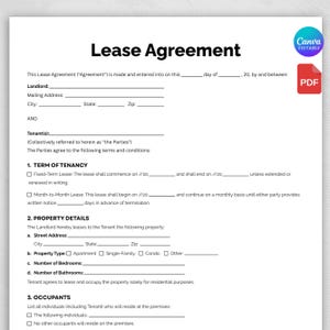 Printable Lease Agreement,Editable Rental Agreement Template,Rental Lease Agreement Template, Residential Housing Agreement, Lease Contract