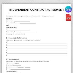 Independent Contractor Agreement Template, US Letter & A4, Service Agreement, Small Business Contract, Editable Contract Canva Template