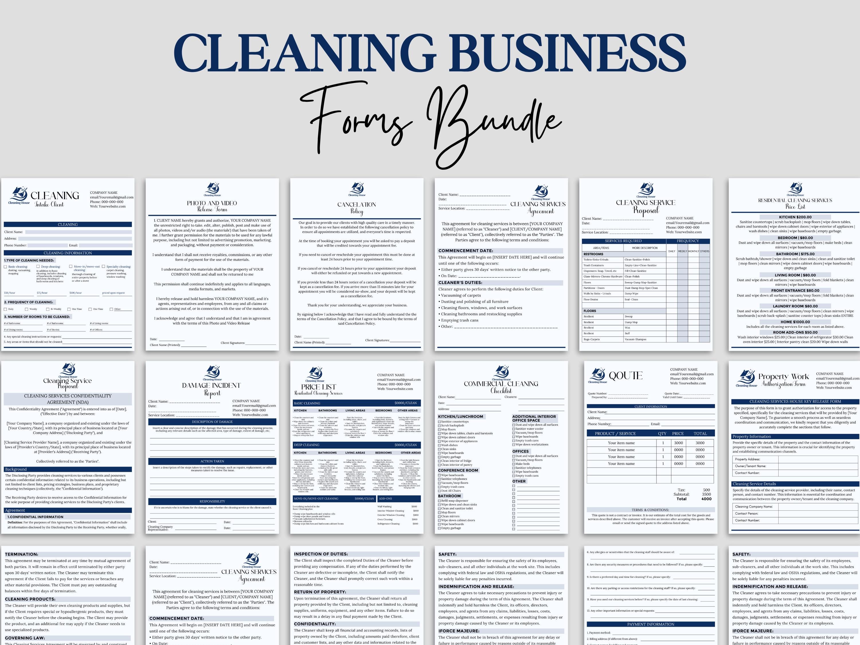 Cleaning Business Forms Bundle, Cleaning Client Intake form & Contract, Cleaning Checklist, Commercial Cleaning Proposal, Cleaning Service