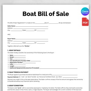 May include: A white Boat Bill of Sale document with black text. The document includes sections for seller and buyer information, boat details, sale terms, and boat condition. A Canva logo and a PDF icon are in the upper right corner.