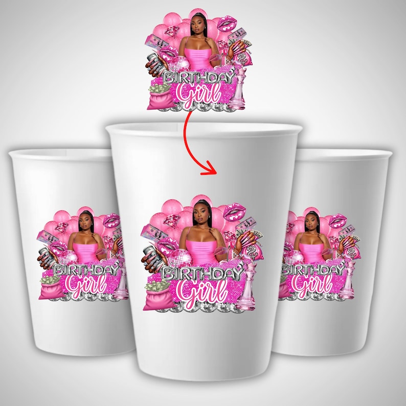 May include: White paper cups with a pink graphic. The graphic features a woman in a pink dress, surrounded by pink balloons, money, and the text "BIRTHDAY Girl". The cups are ideal for a birthday party.
