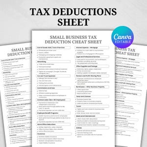 May include: A printable tax deduction cheat sheet for small businesses. The sheet is divided into categories such as Cost of Goods Sold, Advertising, Car and Truck Expenses, Commissions and Fees, Contract Labour, Employee Benefit Programmes, Home Office Deductions, Insurance, Interest Expense, Legal and Professional Services, Office Supplies and Postage, Pension and Profit-Sharing Plans, Rent/Lease, Taxes and Licences, Travel, Meals and Entertainment, and Utilities.