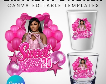 Pink Birthday Sticker, Styrofoam Cup Sticker, Shot Glass, All Zodiac Signs, T-Shirt Design, Canva Template, Instant Download